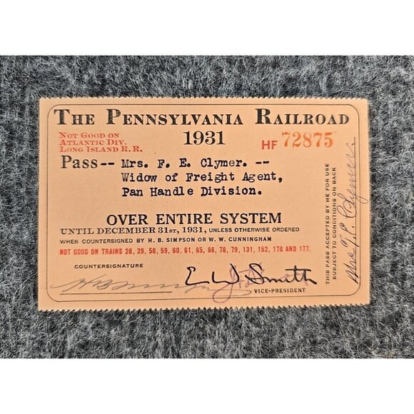 1931 Pennsylvania Railroad System Pass #HF72875 Paper Signed - Picture 1 of 7